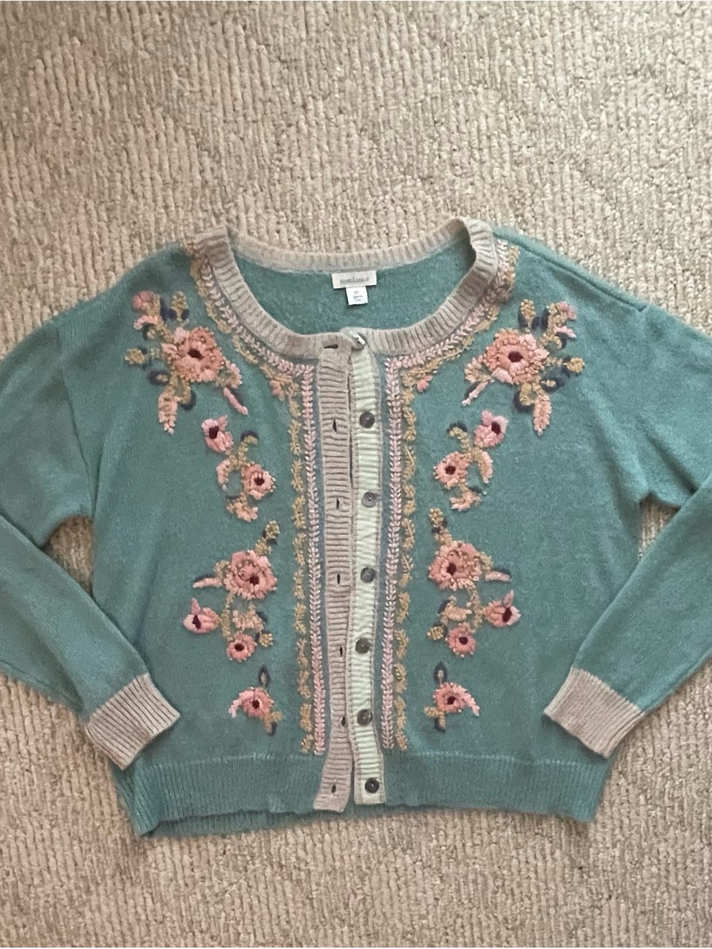 Sundance Teal Cardigan with Pink Floral Embroidery